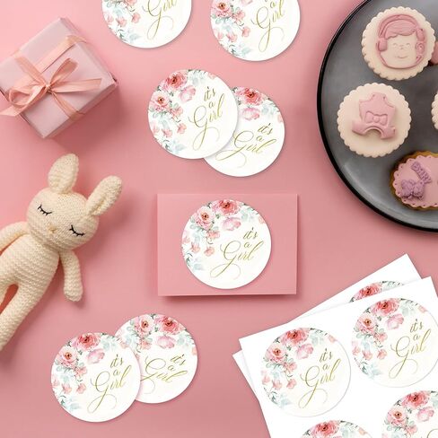 Mobiusea Creation Pink Floral It's a Girl Stickers | 60pcs Baby Girl Stickers for Baby Shower Favors | Gold Foil Stickers for Treat Bags, Party Decorations in Saudi Arabia