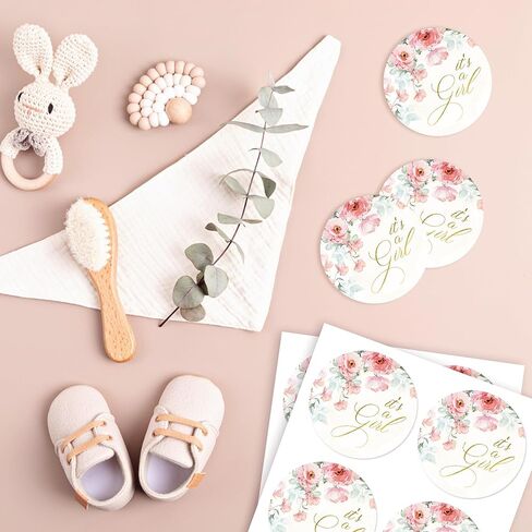 Mobiusea Creation Pink Floral It's a Girl Stickers | 60pcs Baby Girl Stickers for Baby Shower Favors | Gold Foil Stickers for Treat Bags, Party Decorations in Saudi Arabia