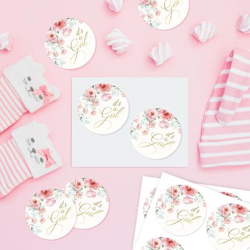 Mobiusea Creation Pink Floral It's a Girl Stickers | 60pcs Baby Girl Stickers for Baby Shower Favors | Gold Foil Stickers for Treat Bags, Party Decorations in Saudi Arabia