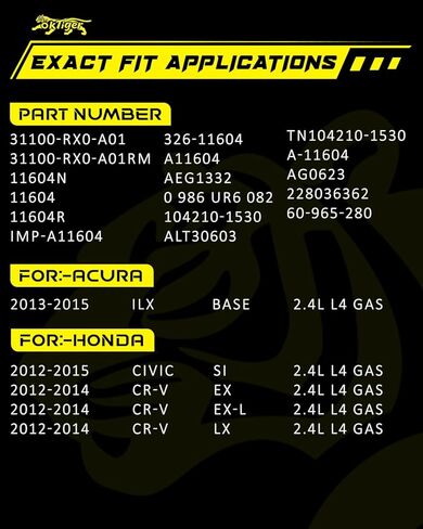 Oktiger Upgraded Alternator for Honda Crv Ex Lx Ex-l 2012 2013 2014 2.4L, Civic Si 2012 2013 2014 2015, for Acura Ilx Base 2013-2015, 12V 120Amp Clockwise 6-Groove Pulley, OE 31100-RX0-A01 11604N in Kuwait
