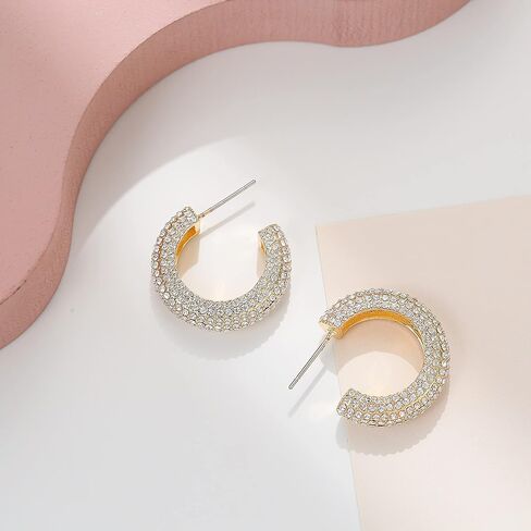 WOWORAMA Gold Open Hoop Earrings for Women Sparkly CZ Chunky Hoop Earrings Shiny Zircon C Shaped Hoop Earrings Crystal Round Hoops Dainty Minimalist Earrings Jewelry in Saudi Arabia