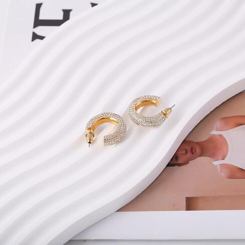 WOWORAMA Gold Open Hoop Earrings for Women Sparkly CZ Chunky Hoop Earrings Shiny Zircon C Shaped Hoop Earrings Crystal Round Hoops Dainty Minimalist Earrings Jewelry in Saudi Arabia