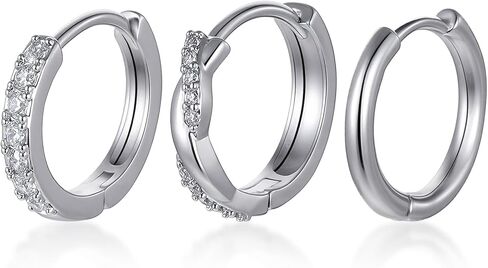 Sibba 3 PCS Silver Earrings Stacks Set Dainty Women Small Hoop Earrings, Elegant Multiple Piercing Earring Stud Hoop Lightweight Trendy Twisted Rhinestone Hoops Cute Jewelry Gifts for Her in Saudi Arabia
