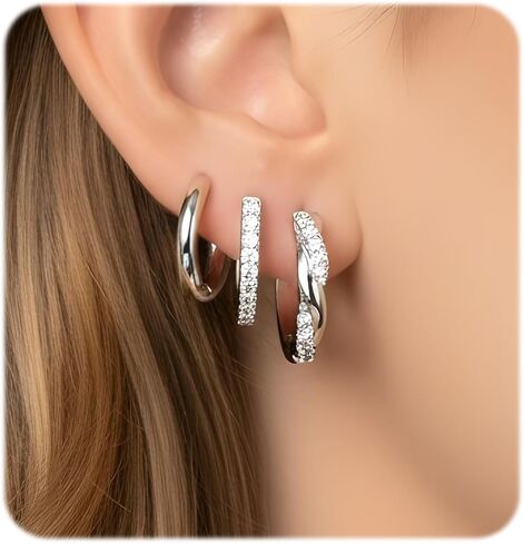 Sibba 3 PCS Silver Earrings Stacks Set Dainty Women Small Hoop Earrings, Elegant Multiple Piercing Earring Stud Hoop Lightweight Trendy Twisted Rhinestone Hoops Cute Jewelry Gifts for Her in Saudi Arabia
