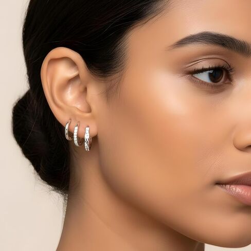 Sibba 3 PCS Silver Earrings Stacks Set Dainty Women Small Hoop Earrings, Elegant Multiple Piercing Earring Stud Hoop Lightweight Trendy Twisted Rhinestone Hoops Cute Jewelry Gifts for Her in Saudi Arabia