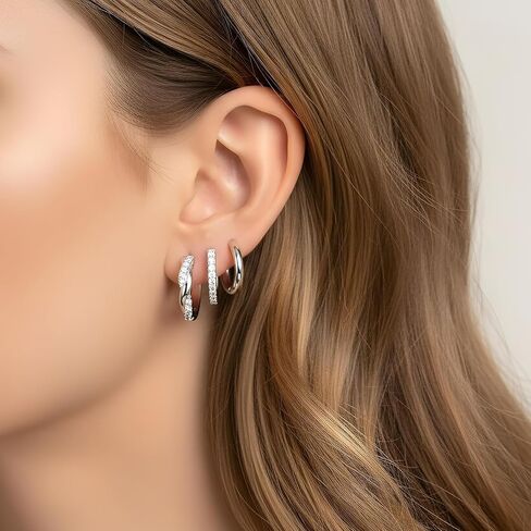 Sibba 3 PCS Silver Earrings Stacks Set Dainty Women Small Hoop Earrings, Elegant Multiple Piercing Earring Stud Hoop Lightweight Trendy Twisted Rhinestone Hoops Cute Jewelry Gifts for Her in Saudi Arabia
