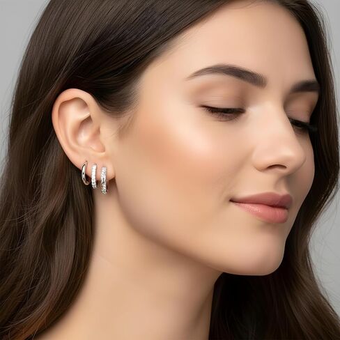 Sibba 3 PCS Silver Earrings Stacks Set Dainty Women Small Hoop Earrings, Elegant Multiple Piercing Earring Stud Hoop Lightweight Trendy Twisted Rhinestone Hoops Cute Jewelry Gifts for Her in Saudi Arabia