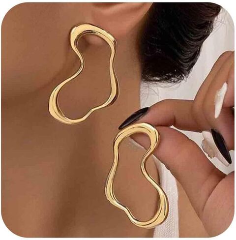 Vintage Irregular Hoop Stud Earrings Gold Hollow Circle Earrings Abstract Hoop Earrings Big Brass Geometric Earrings Jewelry for Women in Saudi Arabia