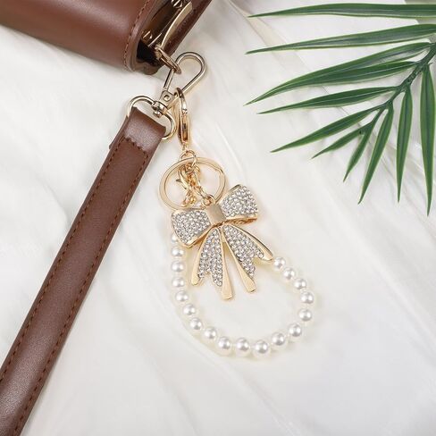 1 Pack Bowknot Keychain White Rhinestone Bow Keychain with Imitation Pearl Chain Gold Pink White Bag Charms Keychains Sparkly Bow Purse Charm Accessories for Key Backpacks Purse Handbags in Saudi Arabia