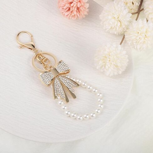 1 Pack Bowknot Keychain White Rhinestone Bow Keychain with Imitation Pearl Chain Gold Pink White Bag Charms Keychains Sparkly Bow Purse Charm Accessories for Key Backpacks Purse Handbags in Saudi Arabia