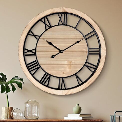Maxstar 20'' Wall Clock for Living Room Decor, Ultra-Silent Rustic Wooden Farmhouse Wall Clock with Metal & Real Wood Frame, Battery Operated, for Kitchen Bedroom Office, Arabic Numerals in Saudi Arabia
