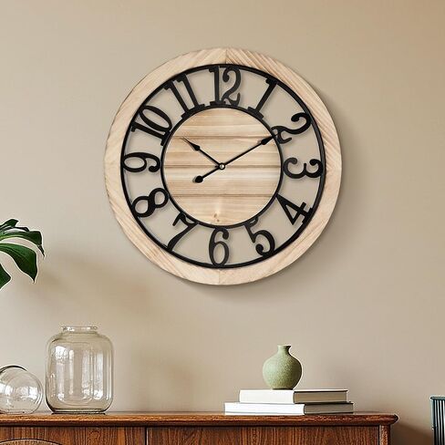 Maxstar 20'' Wall Clock for Living Room Decor, Ultra-Silent Rustic Wooden Farmhouse Wall Clock with Metal & Real Wood Frame, Battery Operated, for Kitchen Bedroom Office, Arabic Numerals in Saudi Arabia