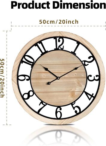 Maxstar 20'' Wall Clock for Living Room Decor, Ultra-Silent Rustic Wooden Farmhouse Wall Clock with Metal & Real Wood Frame, Battery Operated, for Kitchen Bedroom Office, Arabic Numerals in Saudi Arabia