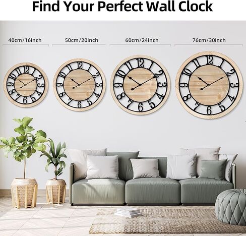 Maxstar 20'' Wall Clock for Living Room Decor, Ultra-Silent Rustic Wooden Farmhouse Wall Clock with Metal & Real Wood Frame, Battery Operated, for Kitchen Bedroom Office, Arabic Numerals in Saudi Arabia