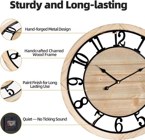 Maxstar 20'' Wall Clock for Living Room Decor, Ultra-Silent Rustic Wooden Farmhouse Wall Clock with Metal & Real Wood Frame, Battery Operated, for Kitchen Bedroom Office, Arabic Numerals in Saudi Arabia