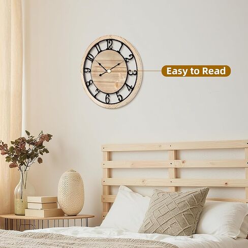 Maxstar 20'' Wall Clock for Living Room Decor, Ultra-Silent Rustic Wooden Farmhouse Wall Clock with Metal & Real Wood Frame, Battery Operated, for Kitchen Bedroom Office, Arabic Numerals in Saudi Arabia