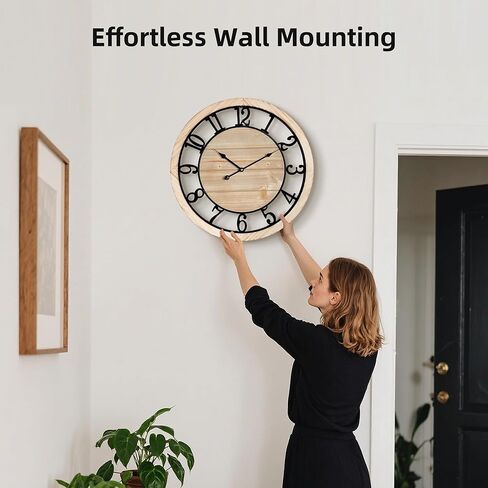 Maxstar 20'' Wall Clock for Living Room Decor, Ultra-Silent Rustic Wooden Farmhouse Wall Clock with Metal & Real Wood Frame, Battery Operated, for Kitchen Bedroom Office, Arabic Numerals in Saudi Arabia