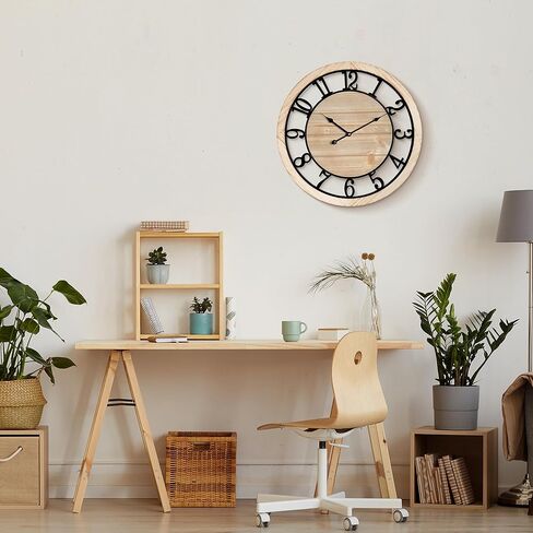 Maxstar 20'' Wall Clock for Living Room Decor, Ultra-Silent Rustic Wooden Farmhouse Wall Clock with Metal & Real Wood Frame, Battery Operated, for Kitchen Bedroom Office, Arabic Numerals in Saudi Arabia