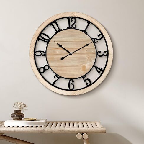 Maxstar 20'' Wall Clock for Living Room Decor, Ultra-Silent Rustic Wooden Farmhouse Wall Clock with Metal & Real Wood Frame, Battery Operated, for Kitchen Bedroom Office, Arabic Numerals in Saudi Arabia
