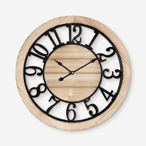 Maxstar 20'' Wall Clock for Living Room Decor, Ultra-Silent Rustic Wooden Farmhouse Wall Clock with Metal & Real Wood Frame, Battery Operated, for Kitchen Bedroom Office, Arabic Numerals in Saudi Arabia