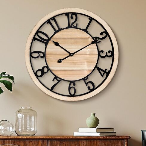 Maxstar 20'' Wall Clock for Living Room Decor, Ultra-Silent Rustic Wooden Farmhouse Wall Clock with Metal & Real Wood Frame, Battery Operated, for Kitchen Bedroom Office, Arabic Numerals in Saudi Arabia
