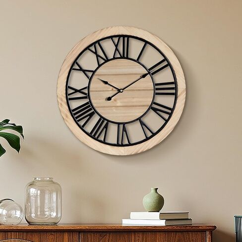 Maxstar 20'' Wall Clock for Living Room Decor, Ultra-Silent Rustic Wooden Farmhouse Wall Clock with Metal & Real Wood Frame, Battery Operated, for Kitchen Bedroom Office, Arabic Numerals in Saudi Arabia