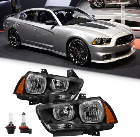 مجموعة مصابيح أمامية هالوجين مع لمبة مناسبة لـ 2011 2012 2013 2014 دودج تشارجر R/T SE SRT8 SXT Plus Persuit سيدان (جانب أسود + كهرماني) in Kuwait