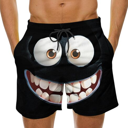 Mens 3D Cartoon Smile Face Swim Shorts Elastic Waist Drawstring Summer Short Funny Outdoor Beach Vacation Shorts in Saudi Arabia
