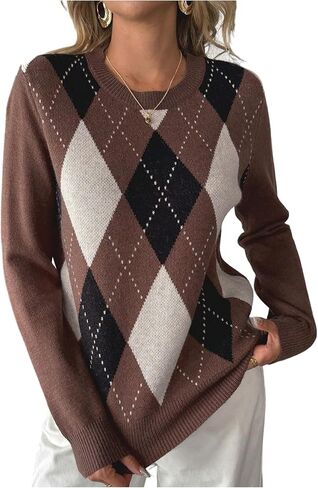 GORGLITTER Women's Argyle Sweater Crew Neck Long Sleeve Knitted Fall Old Money Vintage Pullover Tops in Saudi Arabia