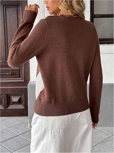 GORGLITTER Women's Argyle Sweater Crew Neck Long Sleeve Knitted Fall Old Money Vintage Pullover Tops in Saudi Arabia