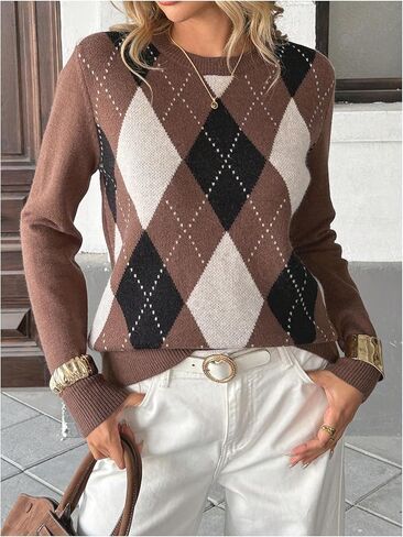 GORGLITTER Women's Argyle Sweater Crew Neck Long Sleeve Knitted Fall Old Money Vintage Pullover Tops in Saudi Arabia