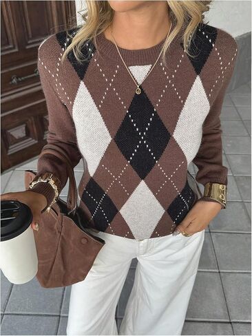 GORGLITTER Women's Argyle Sweater Crew Neck Long Sleeve Knitted Fall Old Money Vintage Pullover Tops in Saudi Arabia