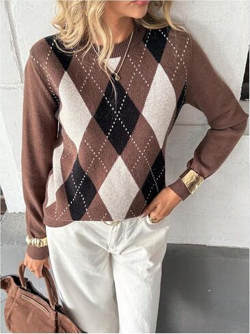 GORGLITTER Women's Argyle Sweater Crew Neck Long Sleeve Knitted Fall Old Money Vintage Pullover Tops in Saudi Arabia