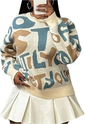 WDIRARA Women's Letter Graphic Sweaters Crew Neck Long Sleeve Pullover Knit Tops in Saudi Arabia