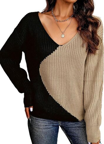 Womens Crew Neck Long Sleeve Chunky Knit Sweater Color Block Loose Fashion Casual Sweaters in Saudi Arabia
