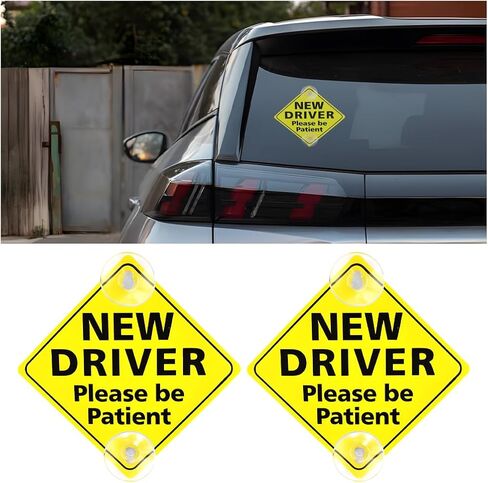 2PCS New Driver Car Sign, 5 x 5 Inch Please Be Patient Vehicle Window Sign Stickers with Suction Cups, Safety Warning Automotive Decal for Beginners Driving Learner, Universal Fit (Style 1) in Saudi Arabia