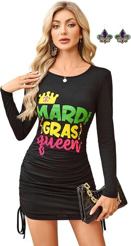 فستان مهرجان نسائي - فستان قصير برقبة دائرية وأكمام طويلة ورباط قابل للتعديل مع أقراط in Kuwait