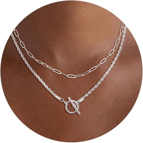 CHESKY Silver Layered Necklaces for Women, 14K Silver Plated Chain Necklaces for Women Trendy Chunky Paperclip Chain Necklace Dainty Sterling Silver Toggle Necklaces Set Jewelry Gift for Her in Kuwait