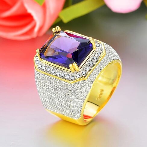 خواتم الأحجار الكريمة الأرجوانية الكبيرة للرجال من ICED OUT، خاتم هيب هوب مربع للنساء لحفلات الكوكتيل والمهرجانات الموسيقية، خواتم مجوهرات للرجال، حلقات معدنية ثقيلة للحفلات in Kuwait