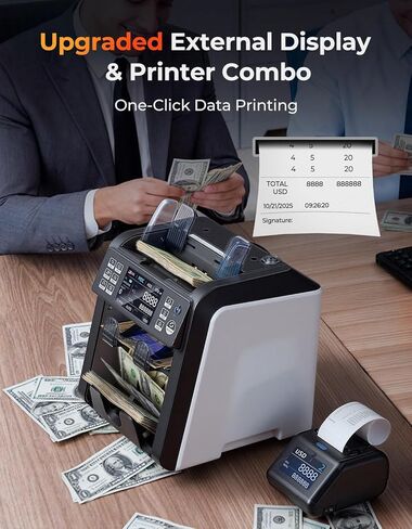 MUNBYN IMC23 Money Counter Machine Mixed Denomination with Reject Pocket, 2 CIS/UV/MG/IR/DD Counterfeit Detection, Multi Currency, Touch Screen, with External Display+Printer in One, 2Y Warranty in Saudi Arabia
