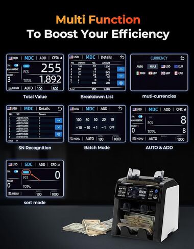 MUNBYN IMC23 Money Counter Machine Mixed Denomination with Reject Pocket, 2 CIS/UV/MG/IR/DD Counterfeit Detection, Multi Currency, Touch Screen, with External Display+Printer in One, 2Y Warranty in Saudi Arabia