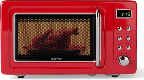 COSTWAY Retro Countertop Microwave Oven, 0.7Cu.ft, 700-Watt, High Energy Efficiency, 5 Micro Power, Delayed Start Function, with Glass Turntable & Viewing Window, LED Display, Child Lock (Gold) in Kuwait