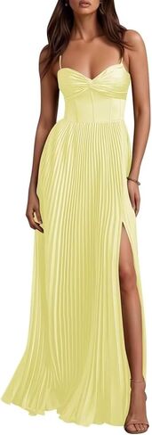 Satin Bridesmaid Dresses Spaghetti Straps Formal Gowns Pleated A Line Prom Dresses with Split in Saudi Arabia