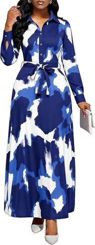 MsavigVice Women Church Maxi Dresses Long Sleeve Button Down Floral Print African Long Dress with Pockets in Kuwait