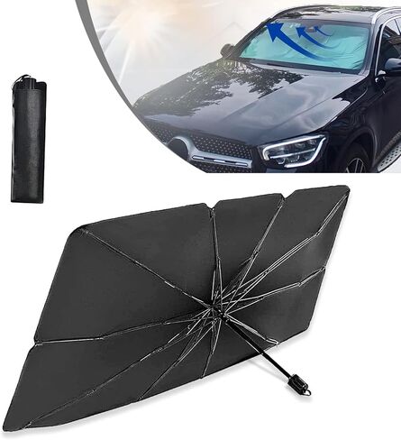 Pack-1 Car Windshield Sun Shade Umbrella, 55" x 31" Foldable Windshield Sun Shield Shade, Universal Dashboard Protective Umbrella, Keeps Vehicle Cool for Cars SUV Truck (Silver) in Saudi Arabia