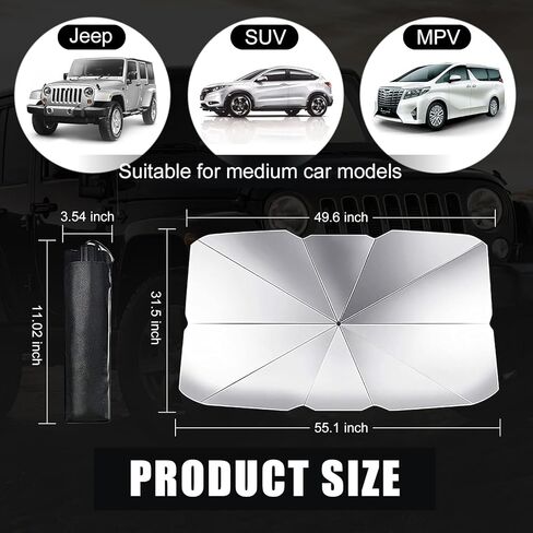 Pack-1 Car Windshield Sun Shade Umbrella, 55" x 31" Foldable Windshield Sun Shield Shade, Universal Dashboard Protective Umbrella, Keeps Vehicle Cool for Cars SUV Truck (Silver) in Saudi Arabia