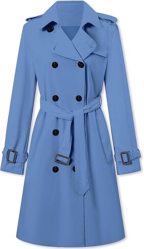 Women's Long Trench Coat Double-Breasted Classic Windbreaker Lapel Dress Outerwear with Belt, Red, XS in Kuwait