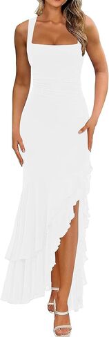 BORIFLORS Women's Elegant Bodycon Ruched Maxi Cocktail Dress Mesh Sleeveless Mermaid Ruffle Beach Wedding Guest Long Dresses in Kuwait