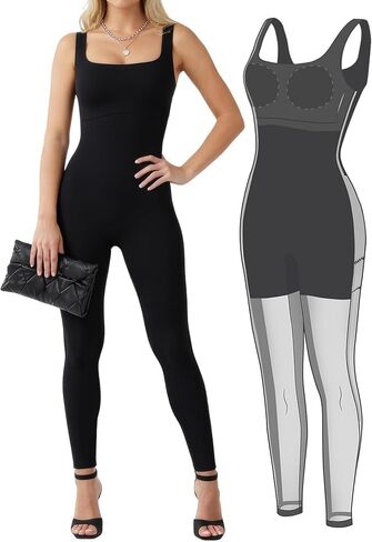 Popilush Jumpsuits for Women Built In Shapewear Tummy Control Bodysuit Body Shaper Square Neck Sports Romper in Kuwait