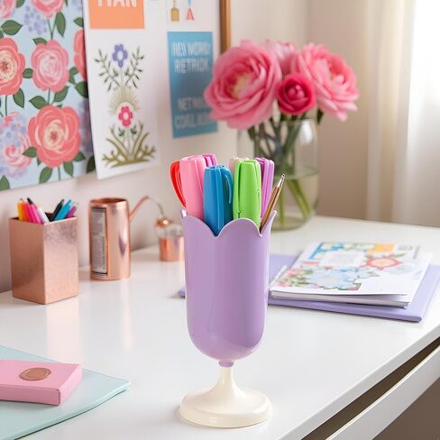 Purple Pen Holder for Desk, Plastic Tulip Pen Holder Cute Stationery Organizer Pencil Stand Case Pencil Cups Desktop Decoration Pencil Holders in Kuwait
